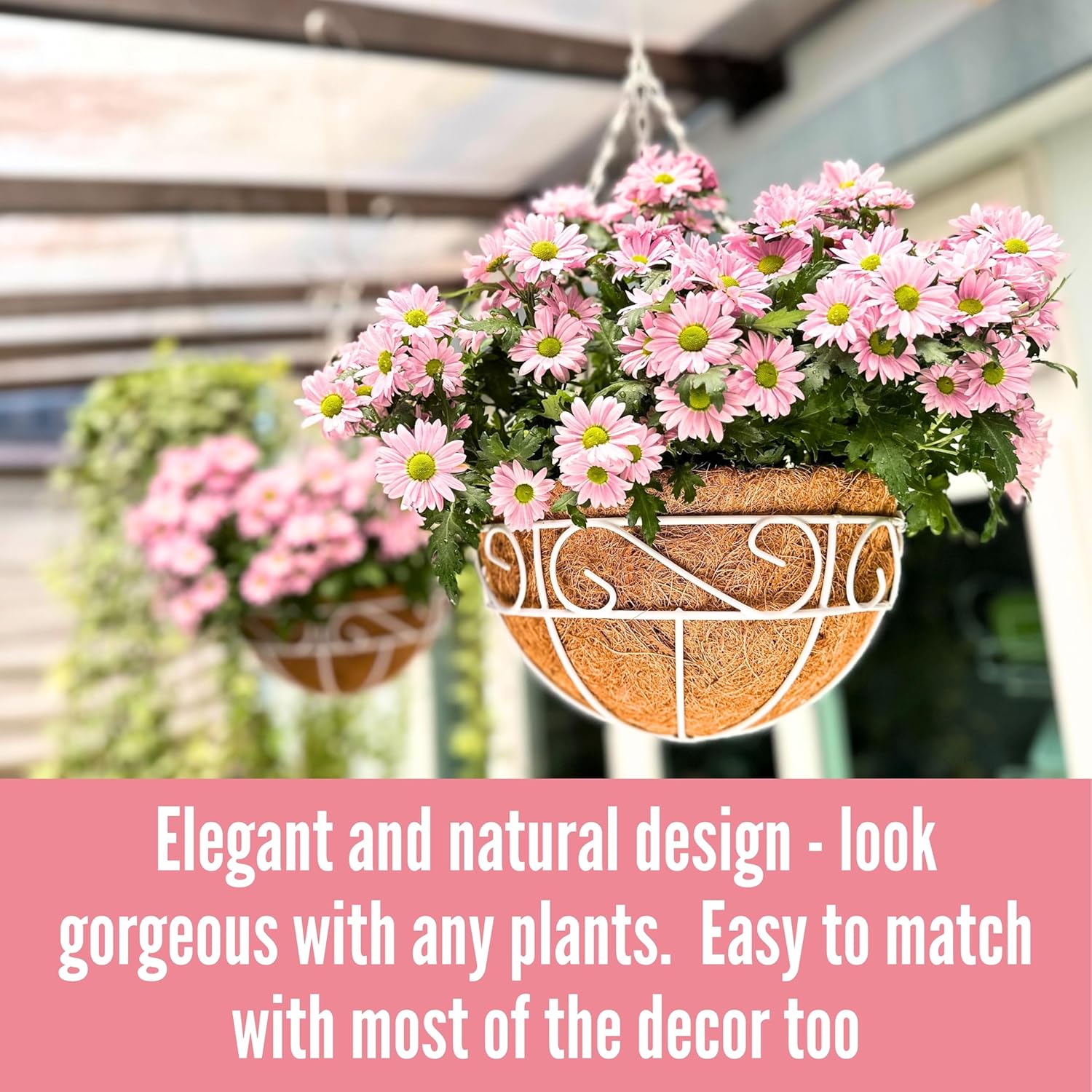 LaLaGreen Hanging Planter for Outdoor Plants (2 Pack, 10 Inch) White Hanging Baskets with Coco Liner, Metal Wire Flower Basket Pots with Hook Hanger Balcony Porch Farmhouse Country Style Garden Decor