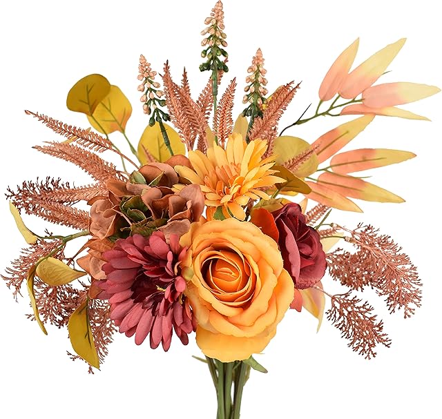 EINSKEY Artificial Flowers for Decoration, Decorative Silk Plastic Artificial Plants and Flowers, Rose Gerbera Hydrangea Fake Flowers, Red Orange Style Artificial Flowers