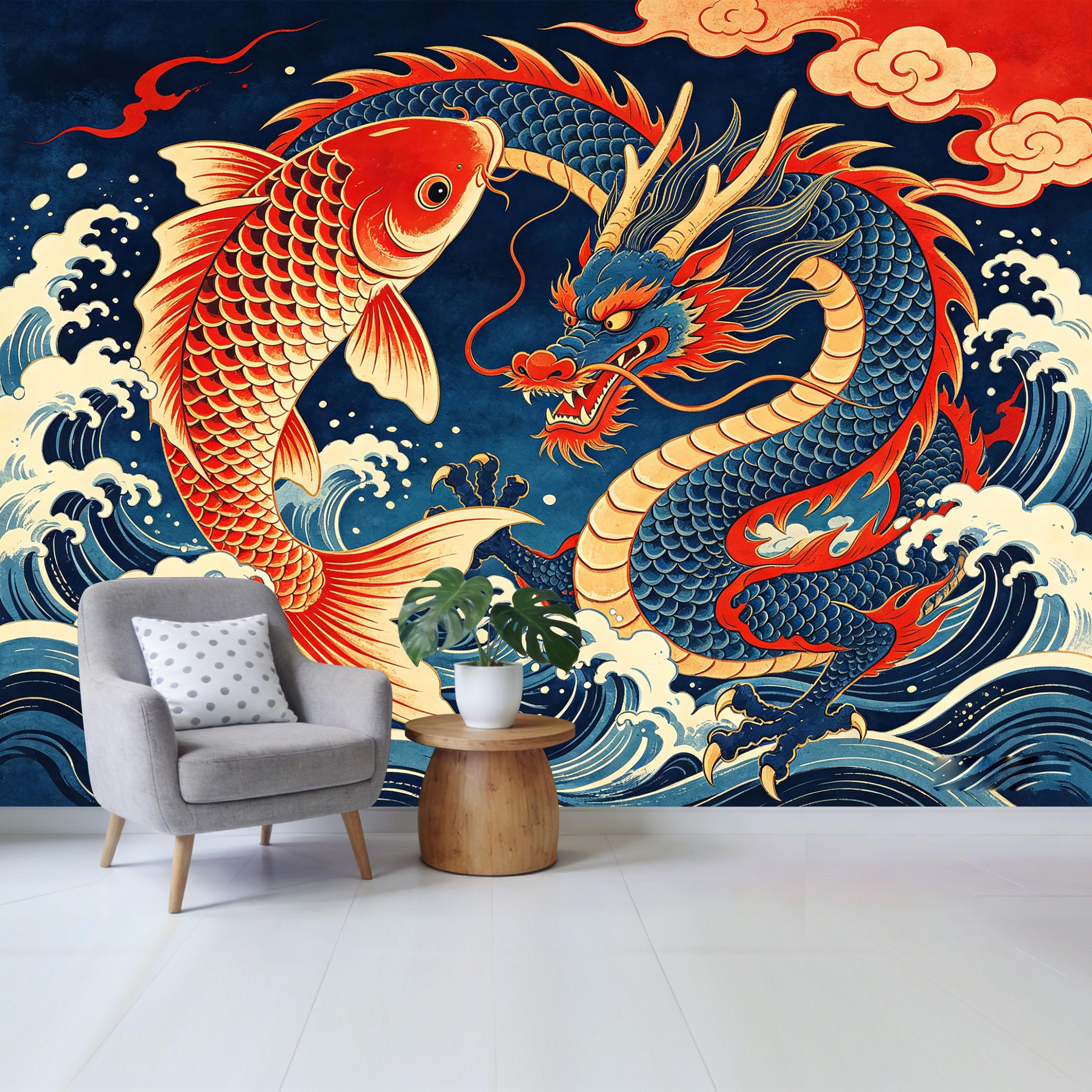 Qzlithotic Yq2605250084 Custom Size Wall Mural Traditional Asian Mythical Dragon And Koi Fish Ocean Waves Art Selfadhesive Wall Fabric Removable Wallpaper For Home Office Decor
