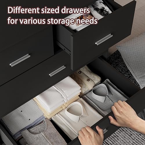 Vista 8 de Cómoda con tomas de corriente, cómoda de madera con 6 cajones grandes, organizador de almacenamiento alto con riel de metal liso, cómoda moderna