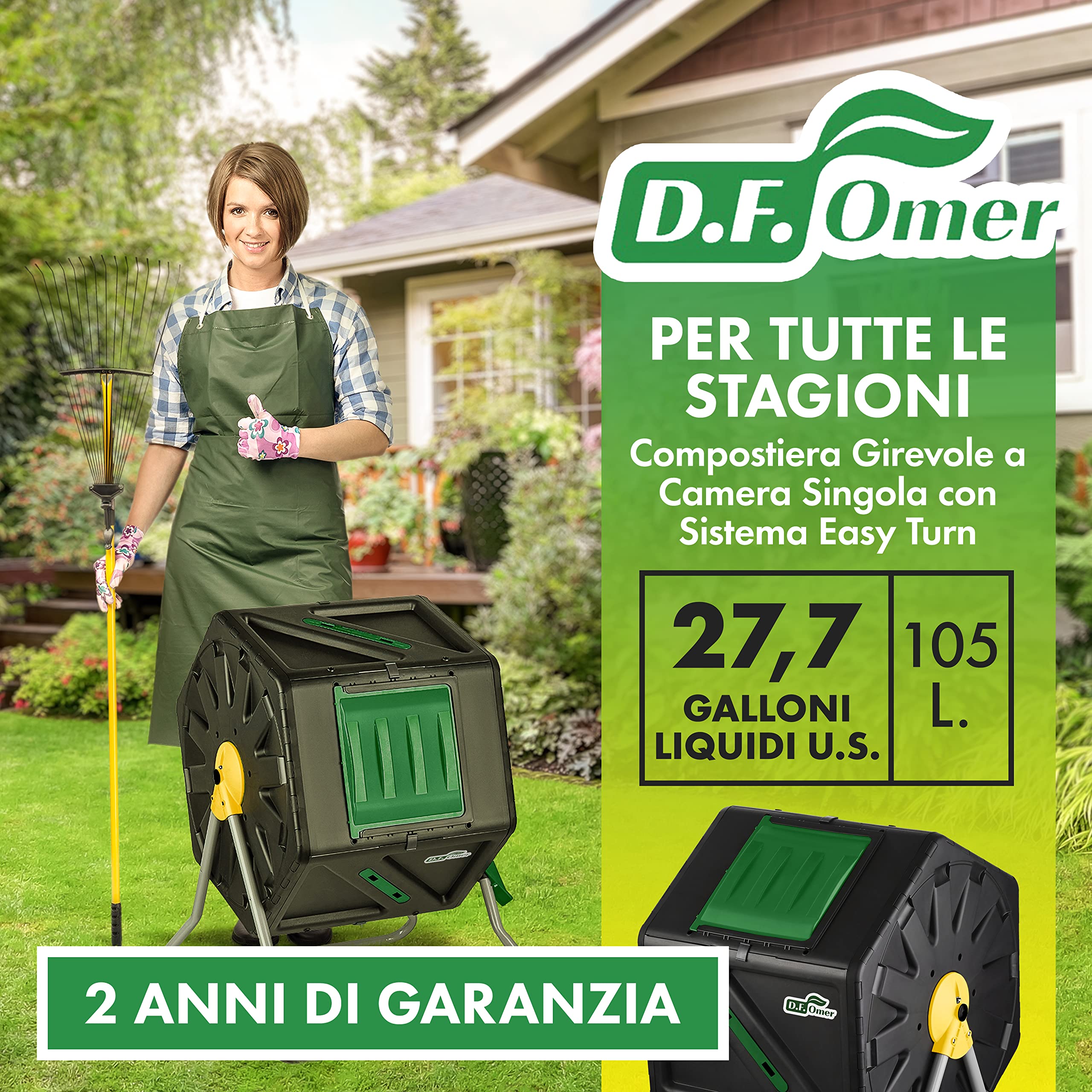 DF OMER, Contenitore Compostaggio Giardino a Camera Singola, Grande Volume, Design Compatto, Capacità 105 l, Compostiera Girevole Robusta per Tutte le Stagioni