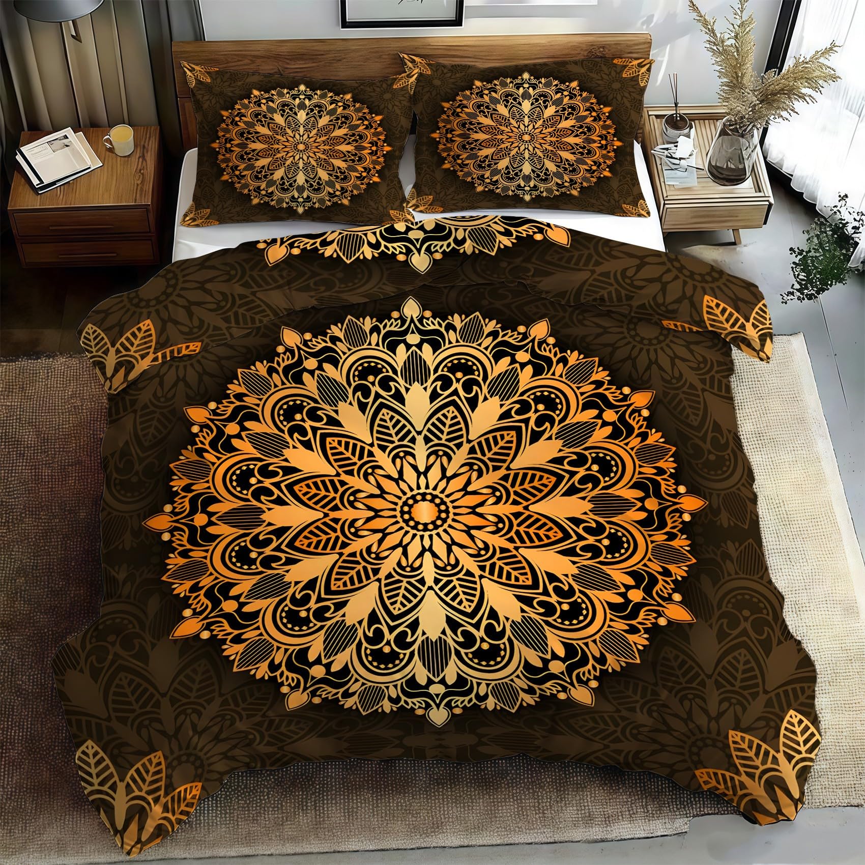 Copripiumino Matrimoniale 240x220 Fiori Mandala Stampa geometrica Biancheria da Letto Morbido Microfibra Copri Piumone e 2 Federe Abbinate, con Zip PA1073