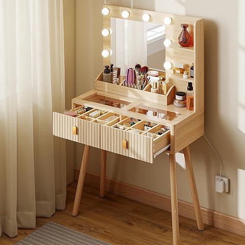 GOODONE 31.5" Fluted Dressing Table with Mirror Bulb Lights, Makeup Desk with 2 Drawers, Vanity Desk with Transparent Glass Top Built-in Dividers for Bedroom, 31.5 * 15.7 * 53.8in(Natural Oak)