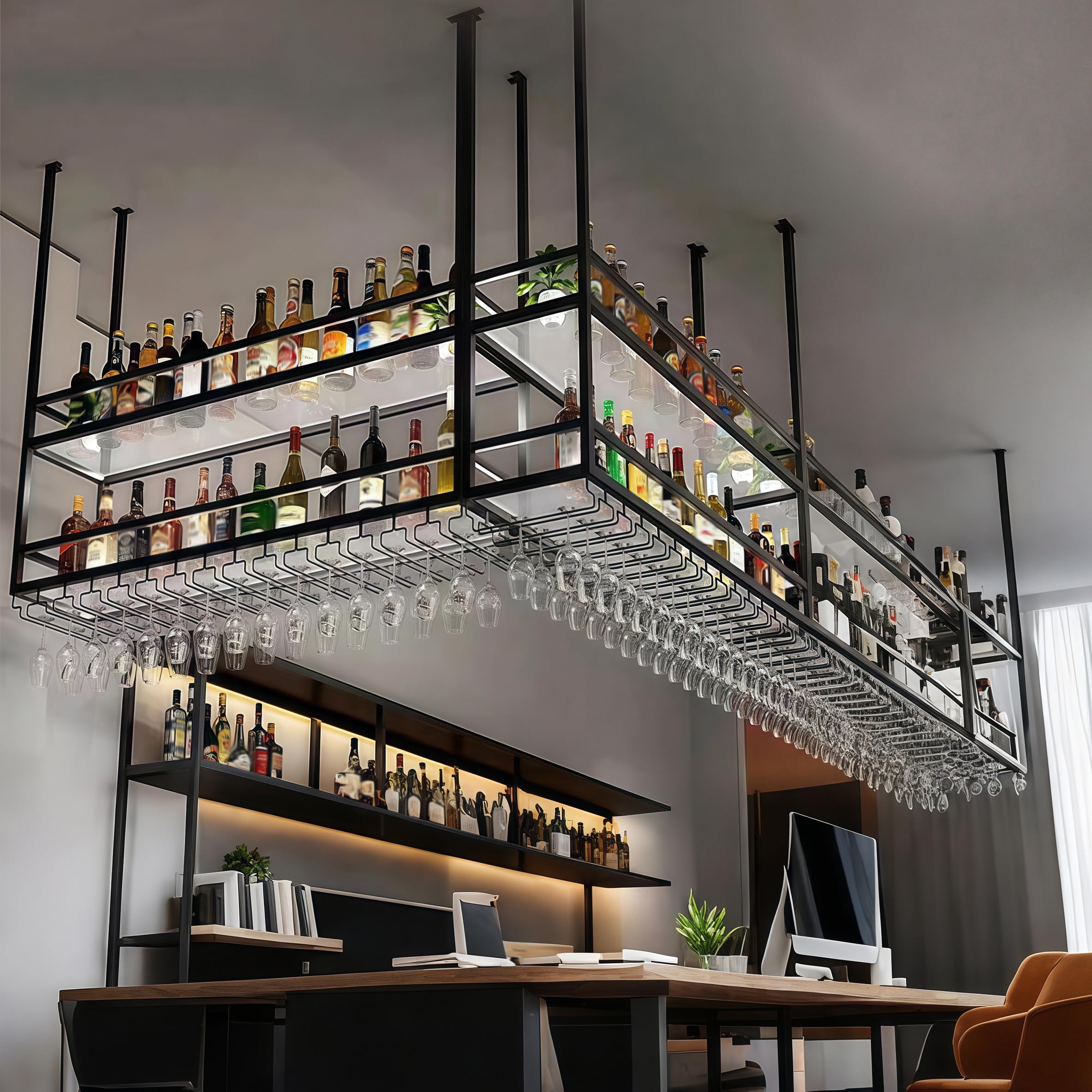 80CM Botellero colgante techo Luz LED, 2 Niveles botellero de techo de acrílico con portavasos y estantes transparentes portavasos botelleros para loft, para Cocina, Bar, Cafetería y decoración