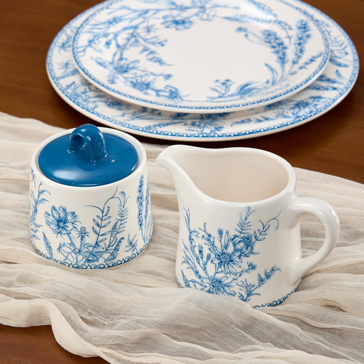 Bico Blue Garden Toile De Jouy Ceramic Sugar and Creamer with Mugs Set, Afternoon Tea Set, Microwave & Dishwasher Safe