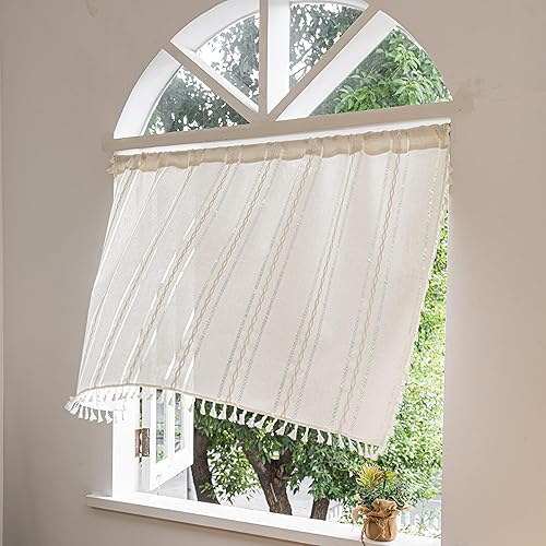 Miniatura 2 de Sutuo Home Cortina bohemia color marfil de 52 pulgadas de ancho x 18 pulgadas de largo, cenefa corta filtrante de luz a rayas blancas, 1 panel