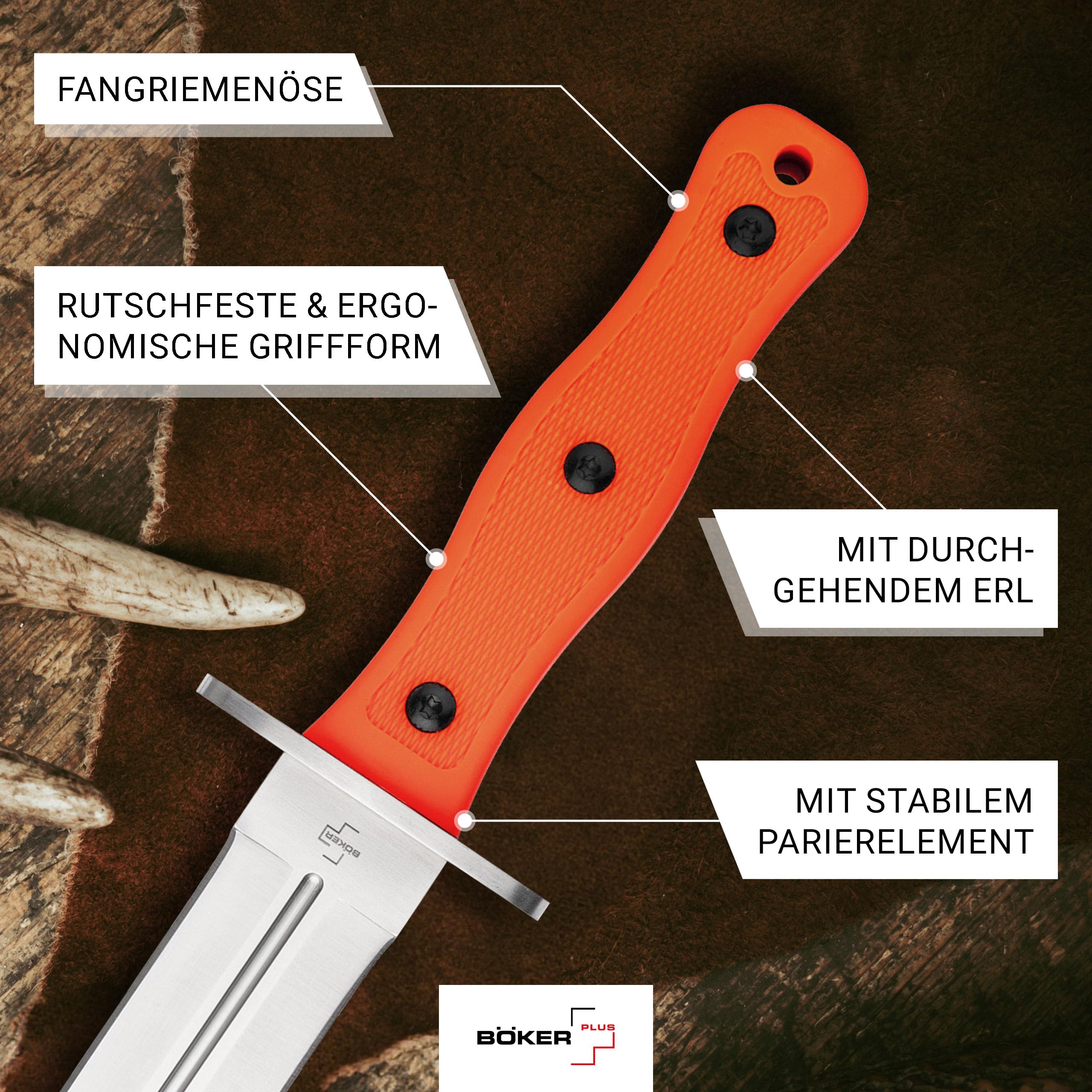 BÖKER PLUS® Boar Dagger - Abfangmesser für Rot- & Schwarz-Wild - zweischneidiges Jagdmesser feststehend - Hirsch- & Saufänger in Speer-Form - Fulltang Messer mit 22,9 cm Edelstahl Dolch Klinge