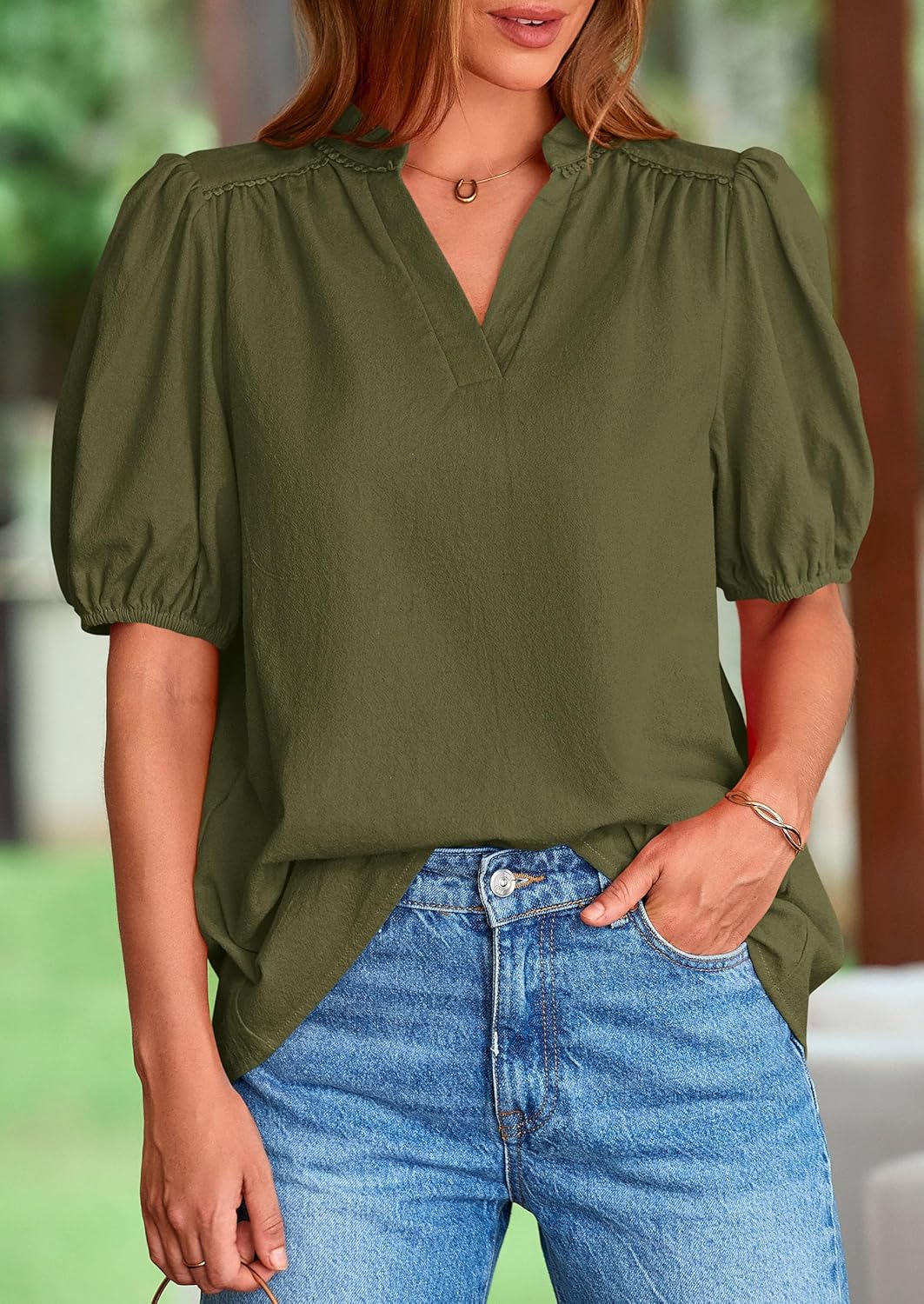 PRETTYGARDEN Womens Casual Summer Tops 2025 V Neck Short Puff Sleeve Pleated Cotton T Shirts Loose Dressy Blouses - Image 7