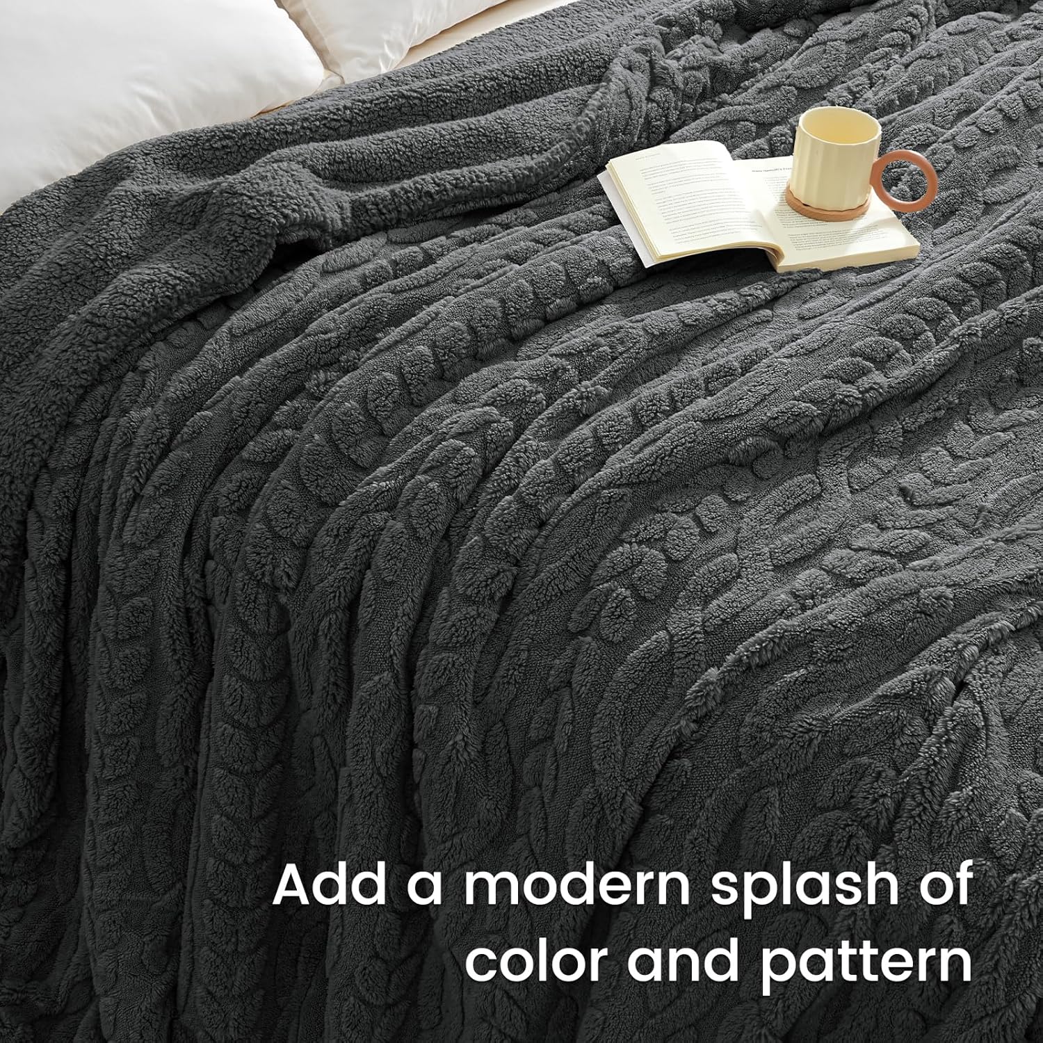 PHF Fluffy Sherpa Blanket Queen Size for Winter, Warm and Soft, 510GSM 3D Jacquard Thick Shaggy Fleece Plush Blanket for Sofa Bed, Dark Grey, 90"x90" - Image 8