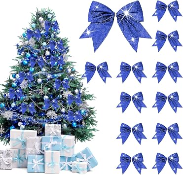 LINGMIN 12PCS Christmas Bows for Wreath,Glitter Blue Velvet Wreath Bow for Christmas Decor Winter Bow for Front Door Indoor Outdoor Wall Tree Topper Decoration Supplies Xmas Ornament