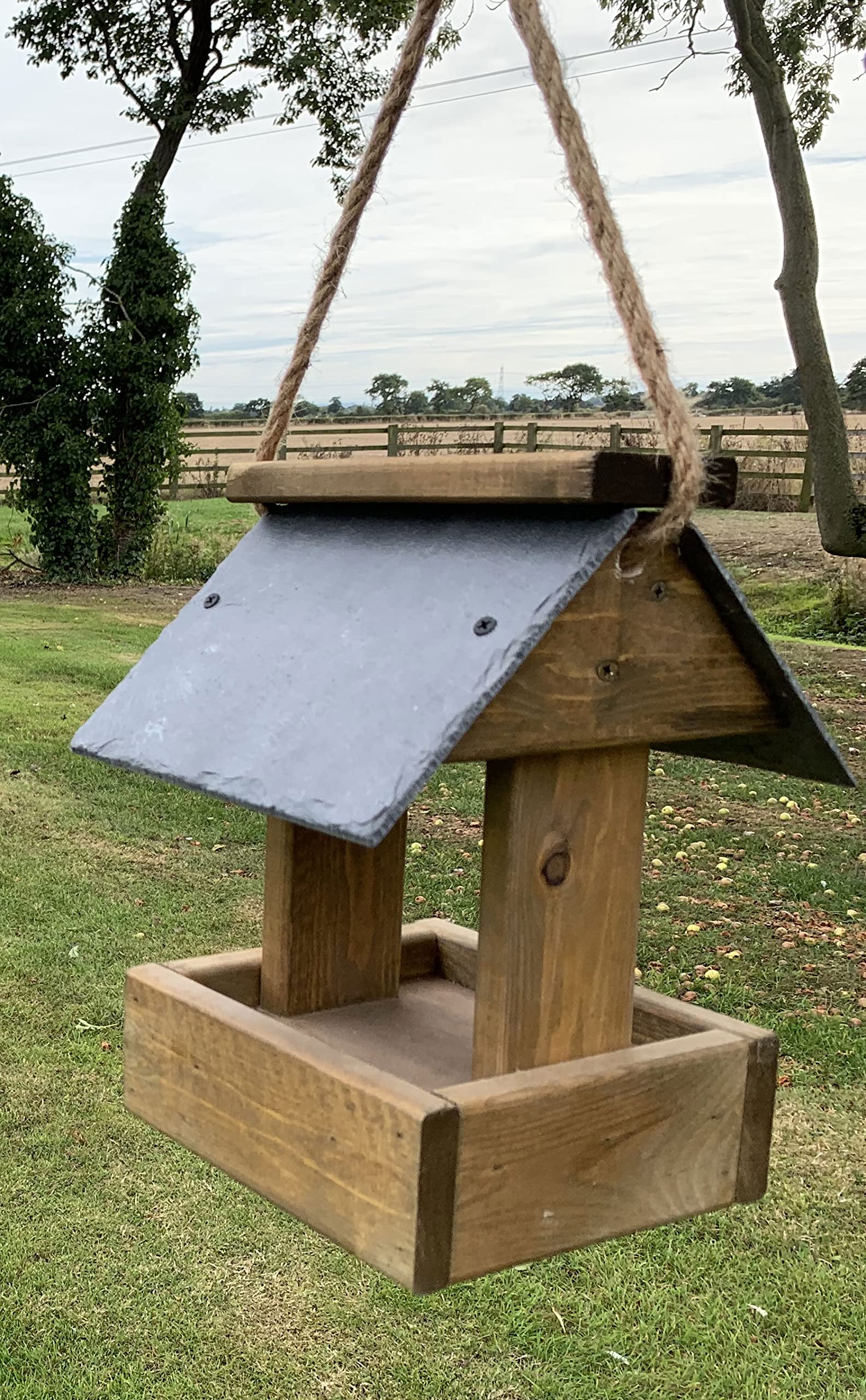 Garden Wooden Wild Bird Hanging Feeder Table Slate Roof Tray Birds Seed Feed Peanut