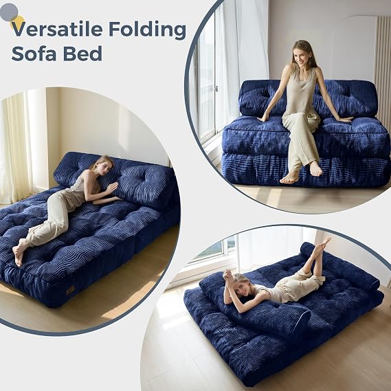 MAXYOYO Folding Sofa Bed, Convertible Sleeper Chair with Pillow Foldable Mattress with Back Support, Portable Fold Out Chair Bed Comfy Floor Sofa Lounge for Living Room Bedroom, Navy,Double