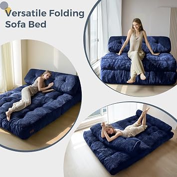 MAXYOYO Folding Sofa Bed, Convertible Sleeper Chair with Pillow Foldable Mattress with Back Support, Portable Fold Out Chair Bed Comfy Floor Sofa Lounge for Living Room Bedroom, Navy,Double