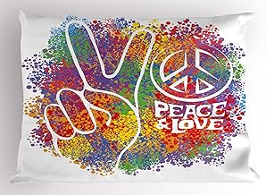 Ambesonne 70s Party Pillow Sham, Hippie Peace and Love and Signs 2 Fingers Pacifist Colorful Design Art, Decorative Standard King Size Printed Pillowcase, 36" X 20", Multicolor