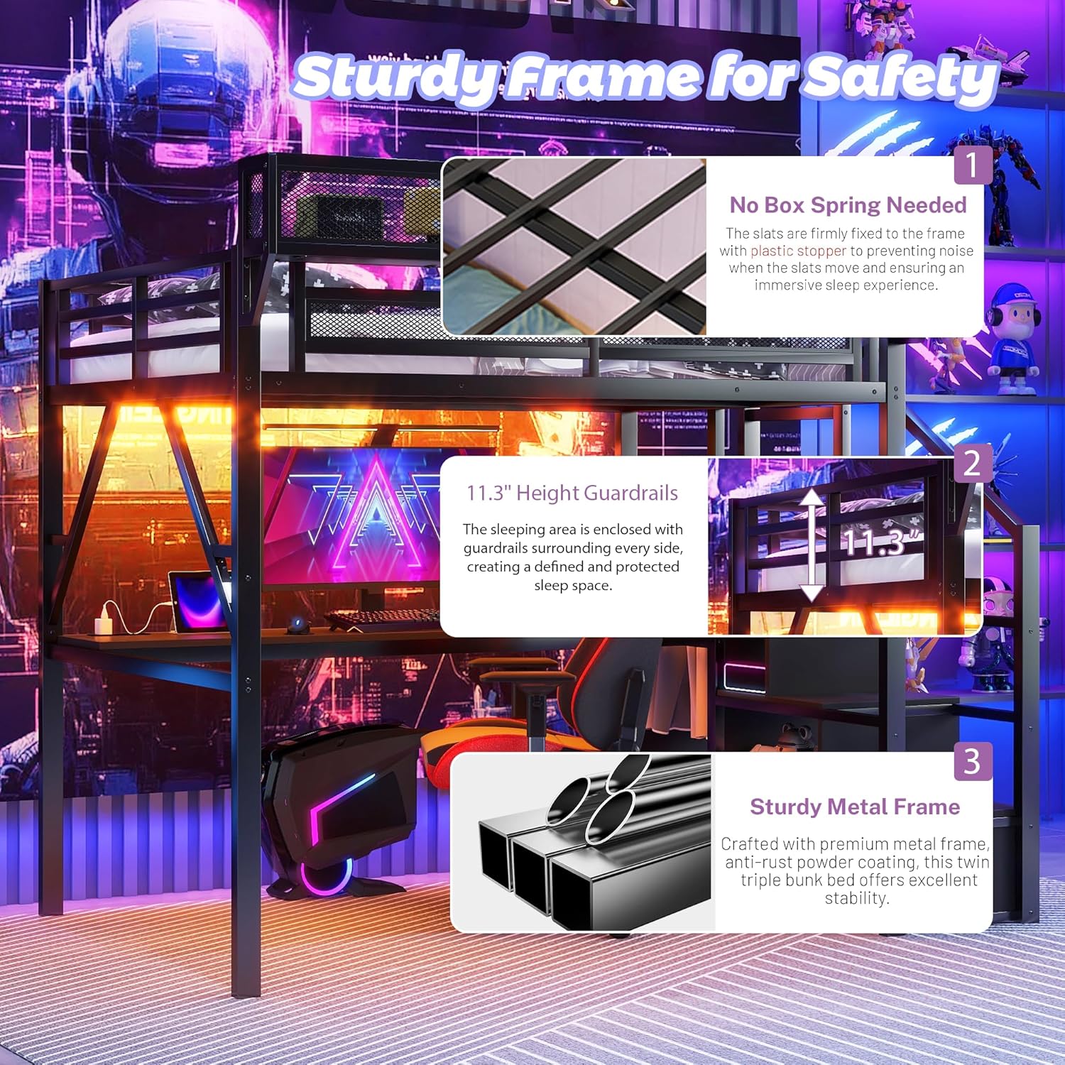 Queen Size Loft Bed with Desk & LED Lights, High Loft Bed Frame with Stairs & Storage, Tall Lofted Bed for Teens, Boys & Girls, No Box Spring Needed (All Black)