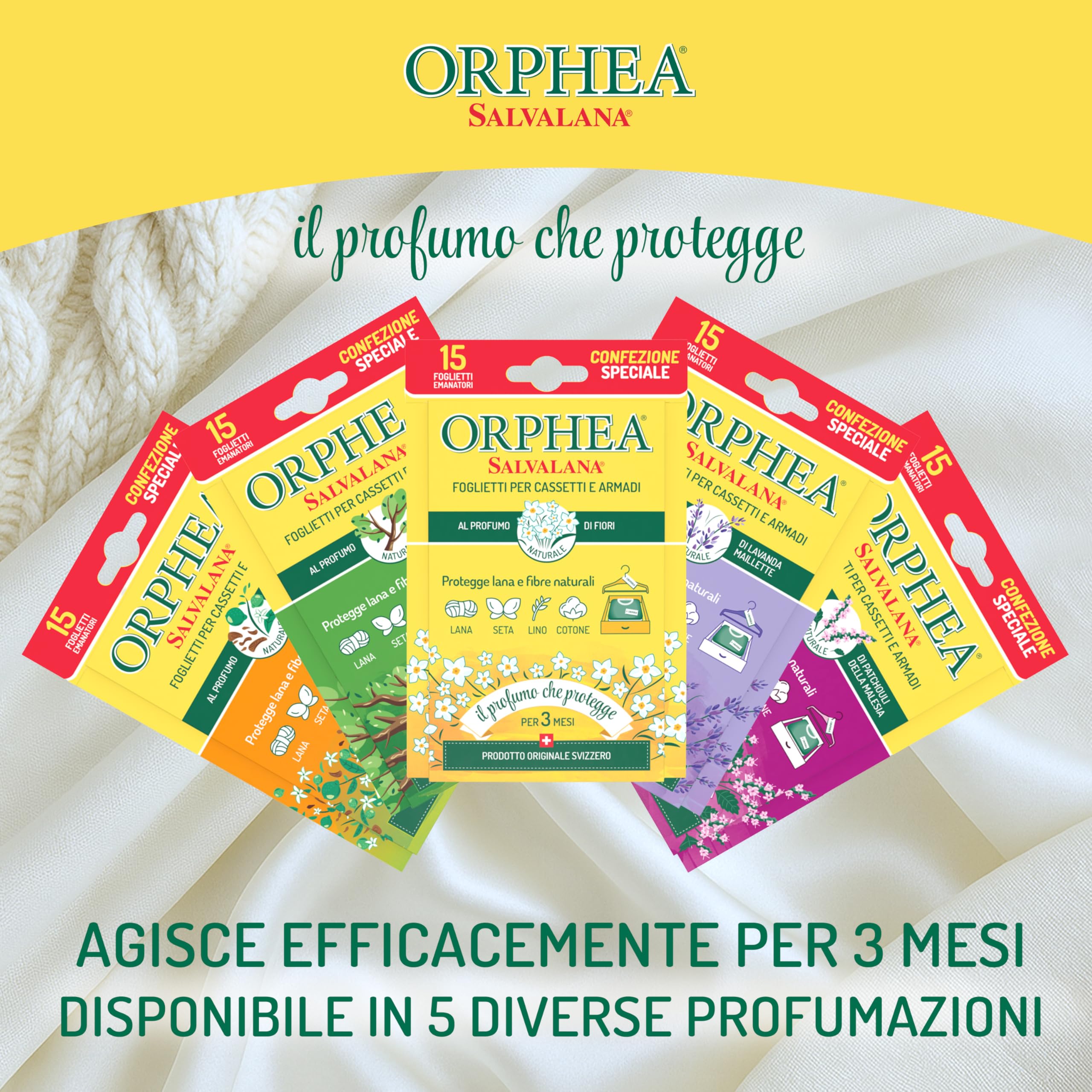 Orphea Salvalana, Foglietti per Cassetti e Armadi, Protegge Lana e Vestiti Tutta la Stagione, Profumo di Legno di cedro, agisce per 12 settimane - 15 Foglietti Emanatori
