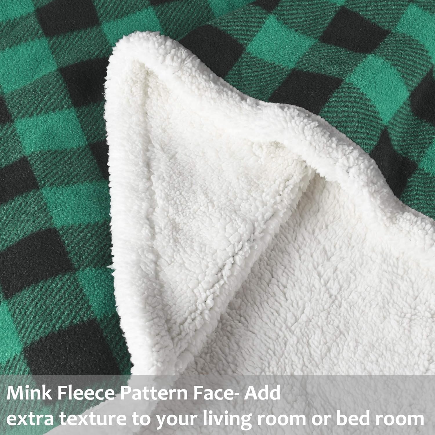 Buffalo Plaid Sherpa Throw TV Blanket 50" x 60", Super Soft Warm Comfy Plush Fleece Bedding Couch Cabin Throw Blanket, Green