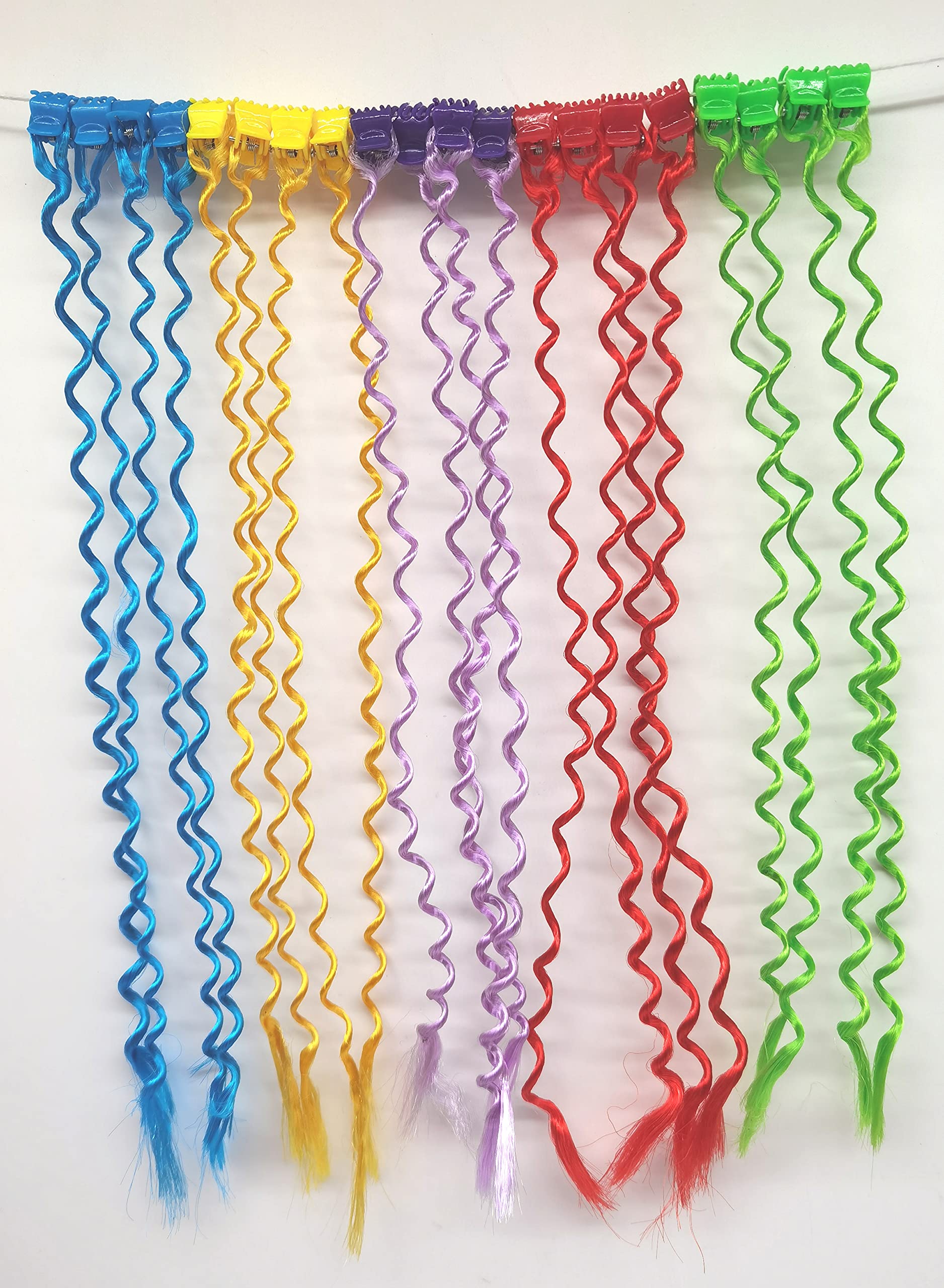 RONGFA 5 colors spring braid Nylon Hair toy Braid curly Extensions Attachments with Neon Clip snaps curly wavy hair (20pcs curly)