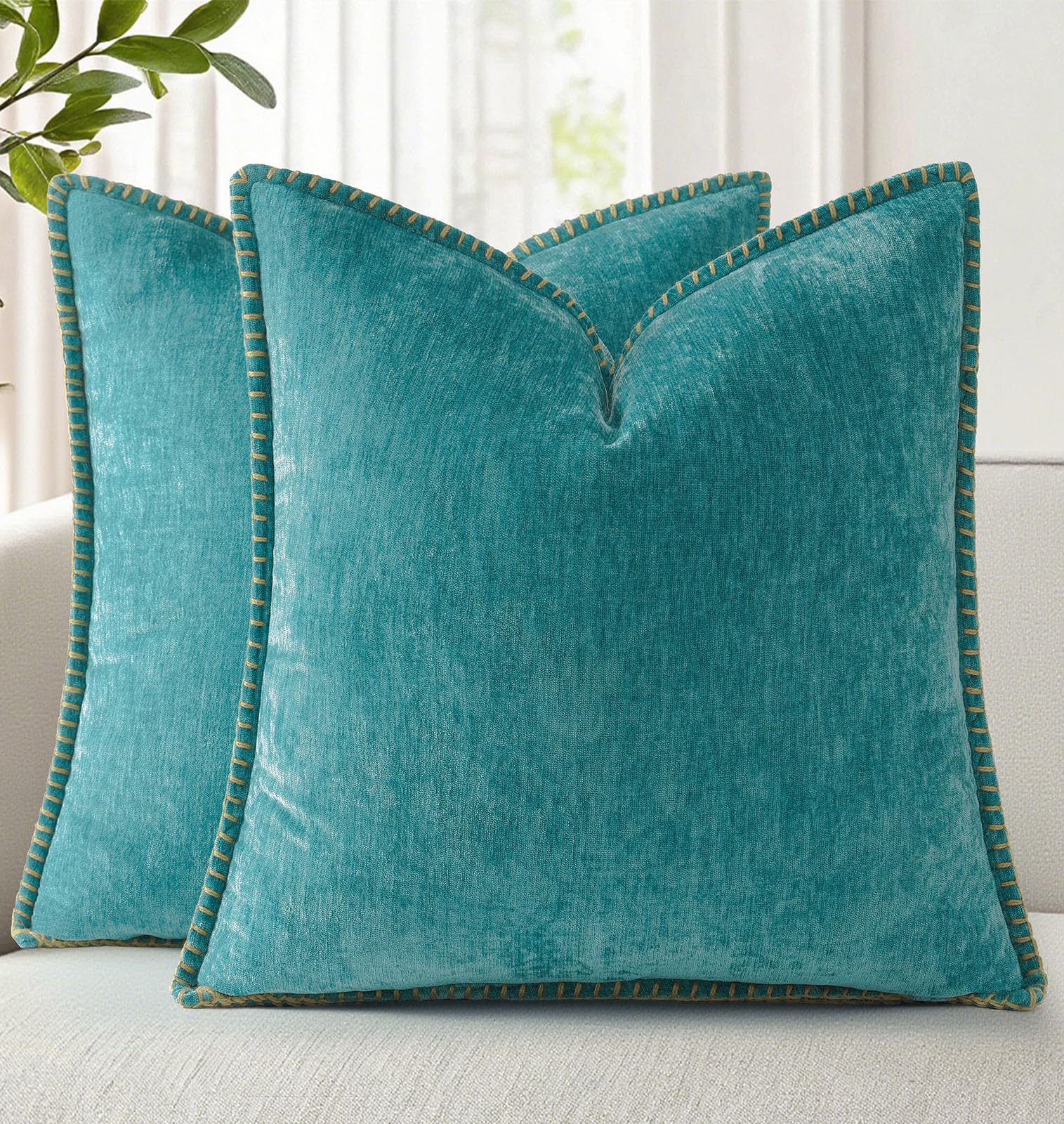 Photo 1 of decorUhome Summer Chenille Soft Cozy Throw Pillow Covers 12x20 Set of 2, Modern Farmhouse Boho Velvet Decorative Pillow Cases with Stitched Edge for Couch Sofa Bed Home Decor, Turquoise