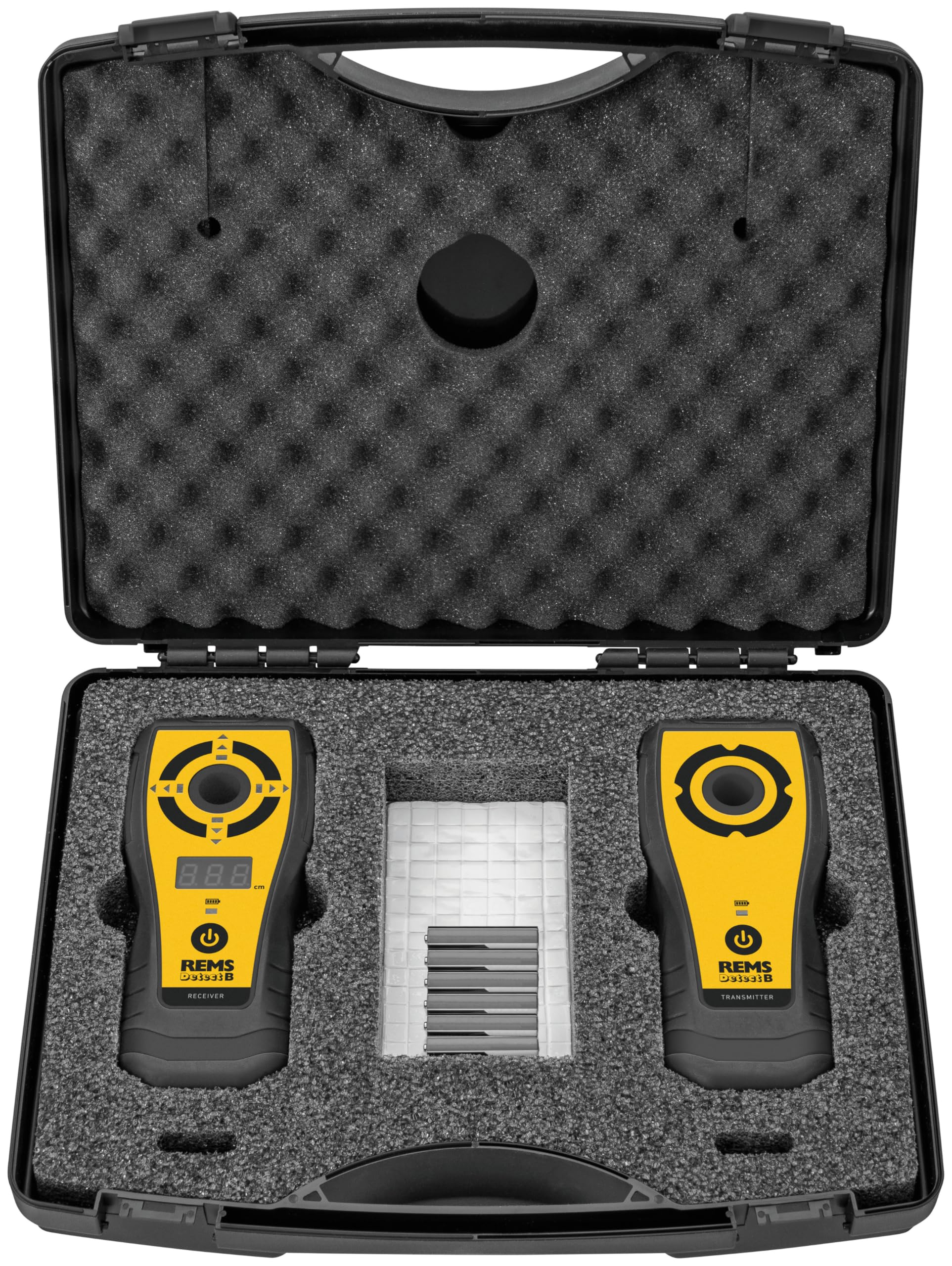 REMS Detect B 182100 R5 - Set (dispositivo di localizzazione del punto centrale, navigazione acustica e ottica, tecnologia LED, punta di allineamento e posizionamento, in valigetta stabile)
