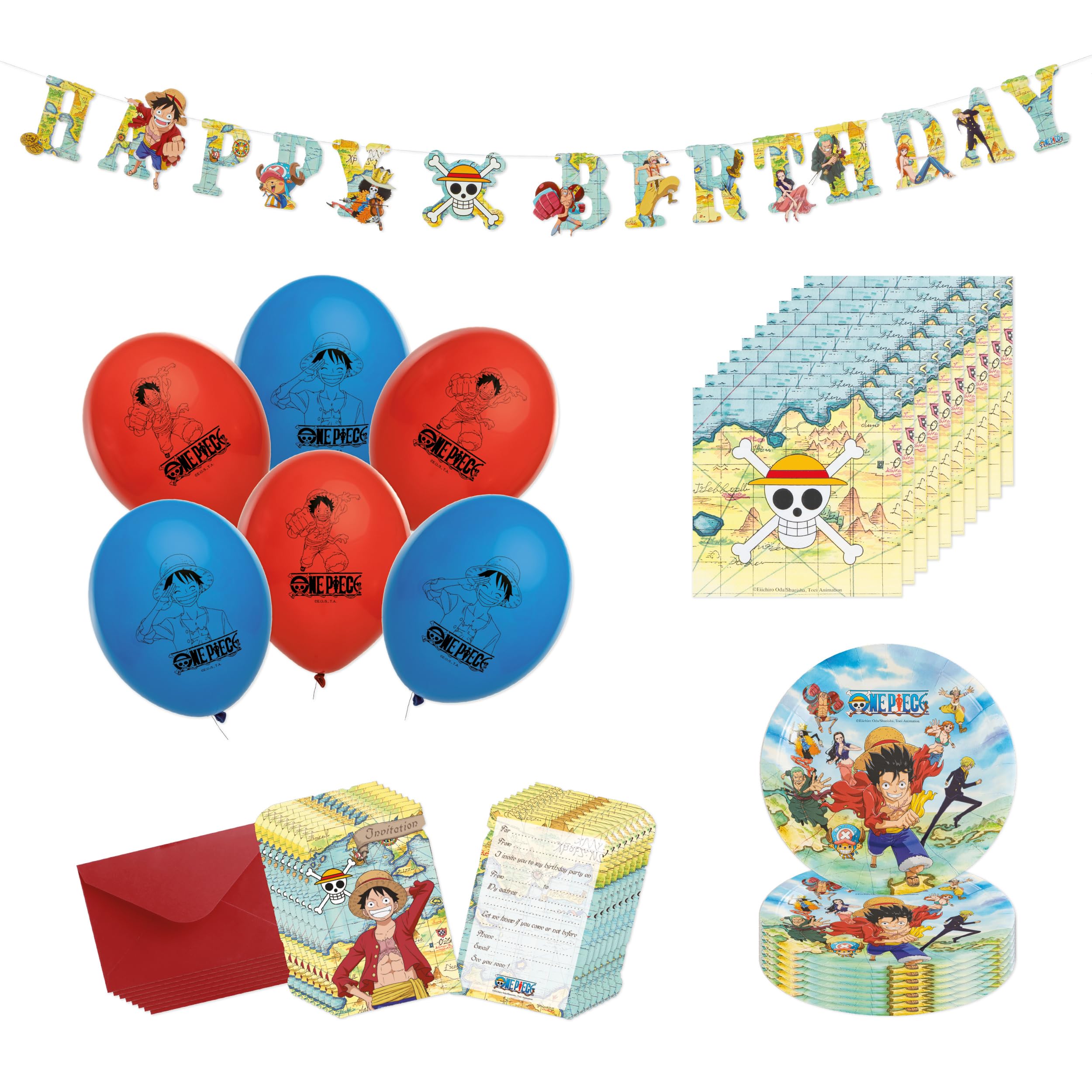 Chaks - Set ufficiale per feste One Piece per bambini, piatti, tovaglioli, palloncini, inviti e ghirlande, decorazioni anime per compleanni