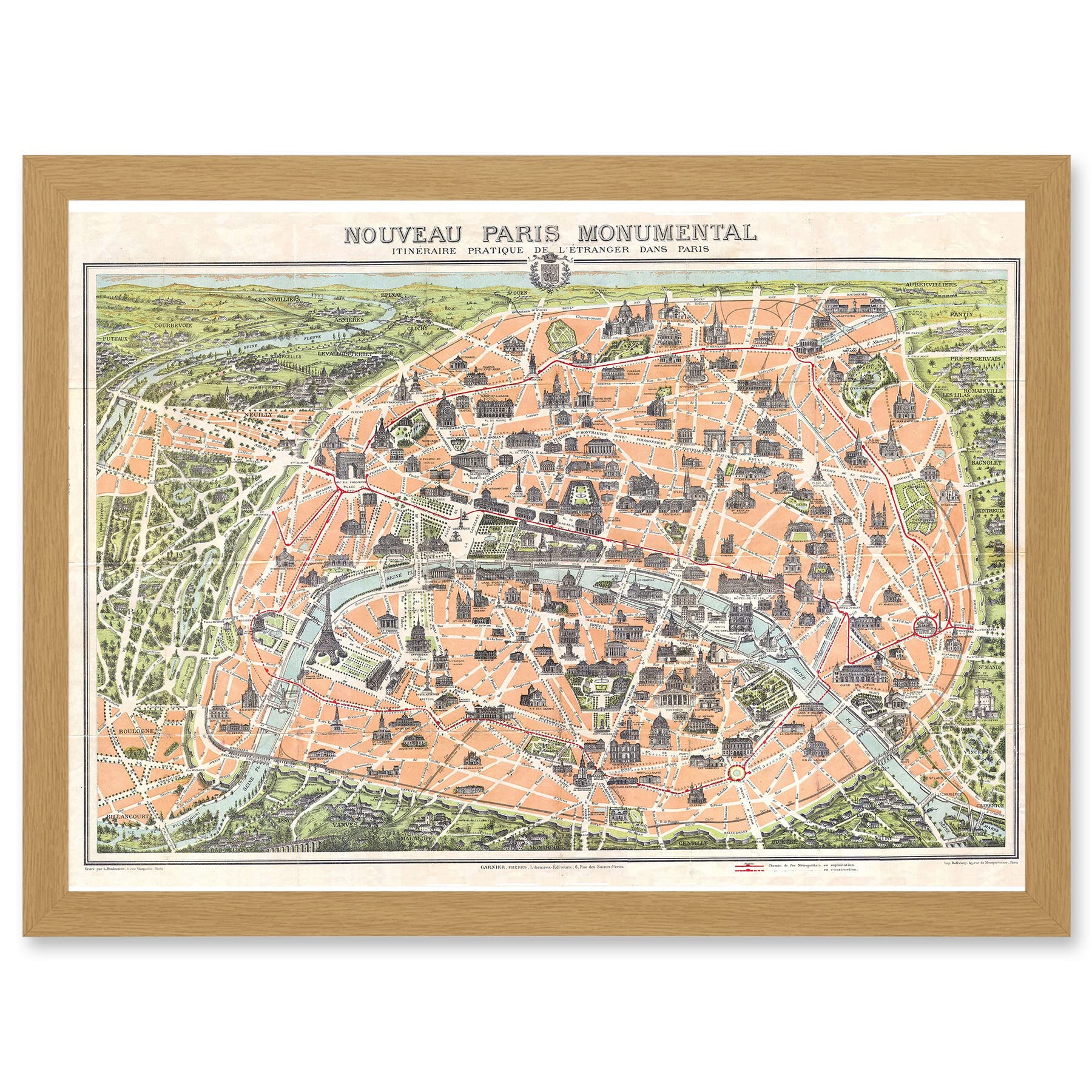Artery8 Antique Garnier Paris Tourist City Map Plan Artwork Framed A3 Wall Art Print