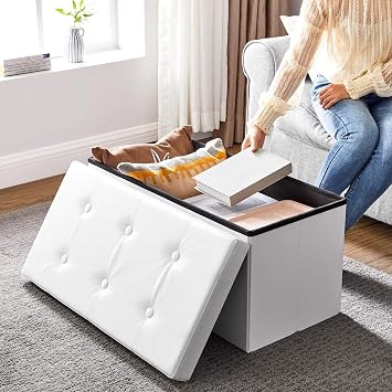 Songmics Stool, 80 Liters, Storage Box, Foot Stool, Foldable, 300 Kg Carrying Capacity, Faux Leather Case, Filled, White Spf106