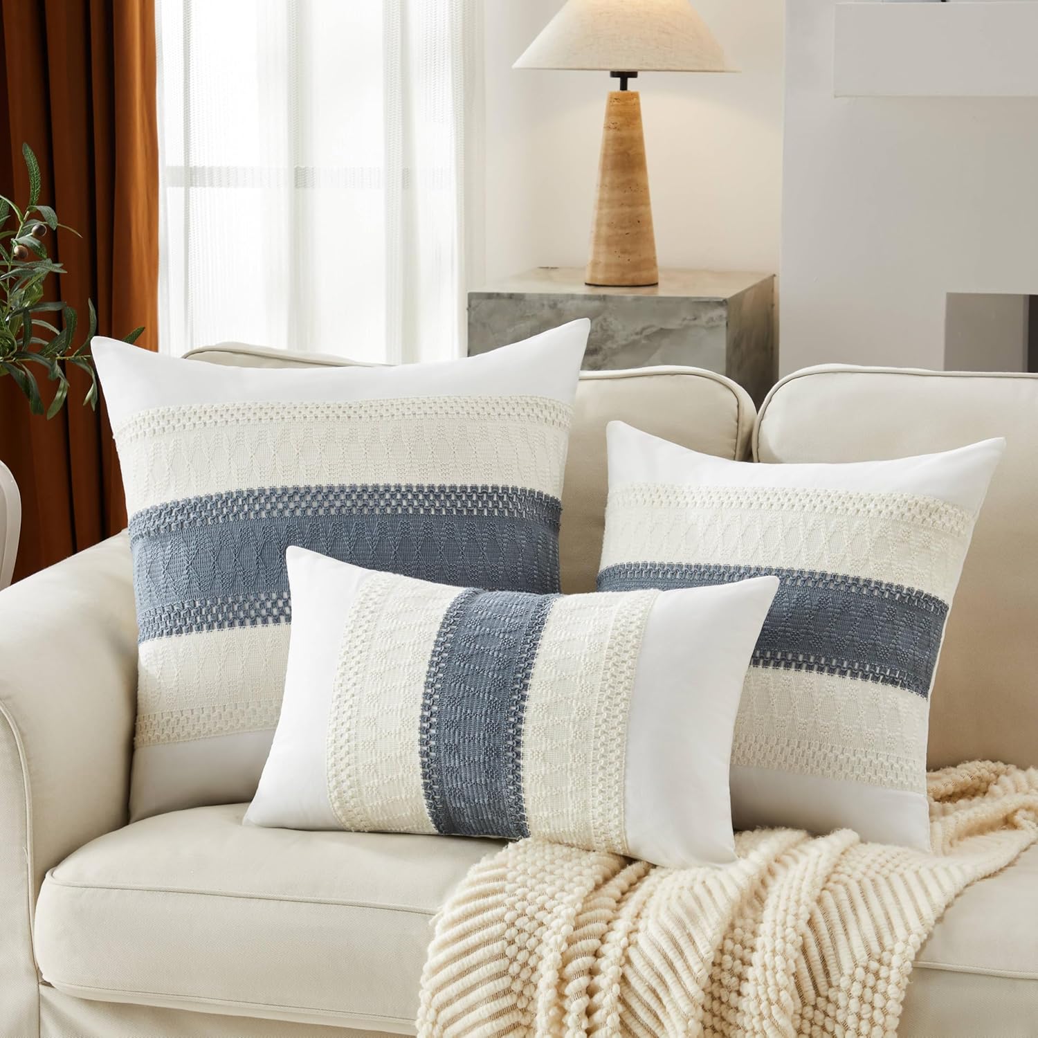 Soft Cotton Boho Throw Pillow Covers Set of 2, Natural White/Contrast Navy 24x24 Inch, Navy Farmhouse Decorative Cushion Covers for Sofa Bed Living Room Home Decor