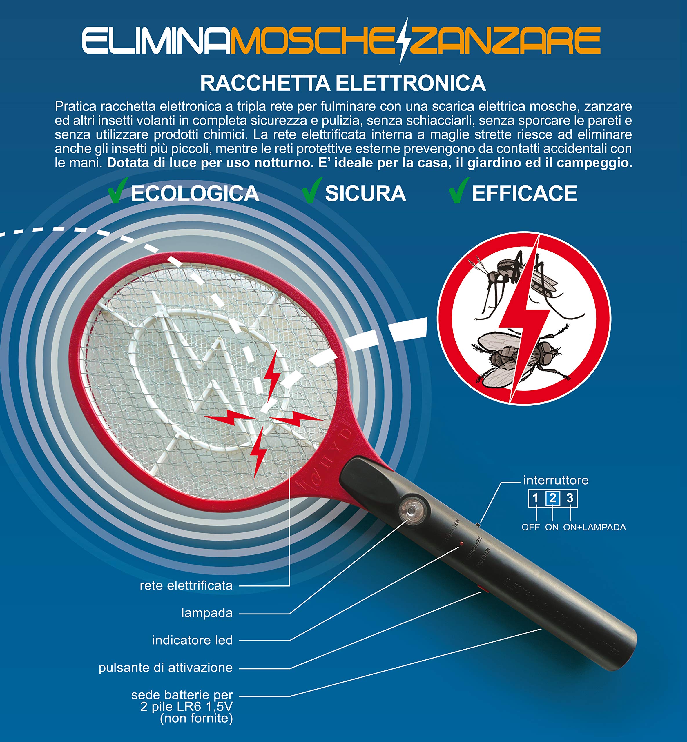 POLY POOL - PP1615 Raqueta Mosquitos Eléctrica y Tripe Red - Raqueta Electrocuta Insectos con Interruptor de 3 Posiciones - Raqueta con Luz para Moscas Mosquitos Insectos
