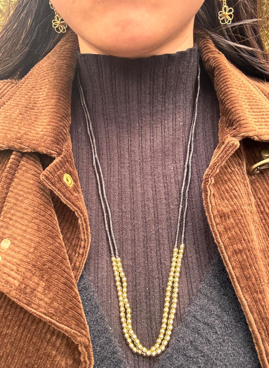 Double Layer Gold Beaded Necklace with Handwoven Wax Cord, Modern Chic Jewelry for Women