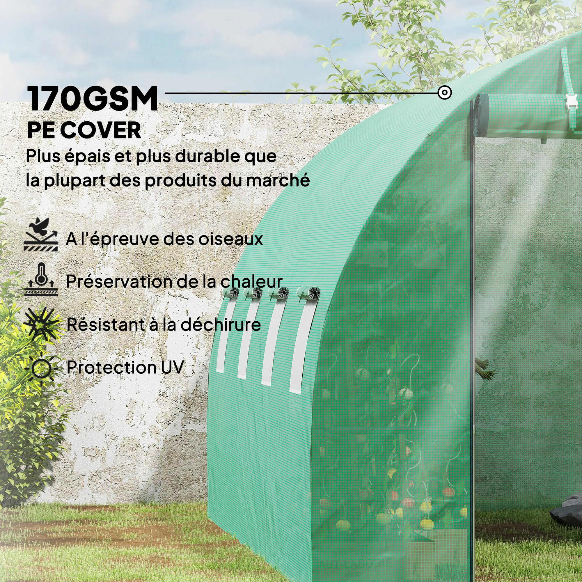 Outsunny Serre de Jardin 12 m² Tunnel 8 Fenêtres Maille 3 x 4 x 2 m Vert