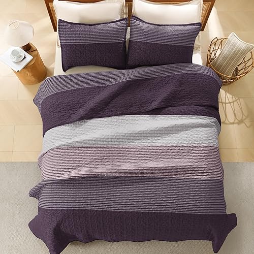 Miniatura 3 de Litanika Juego de edredón a rayas tamaño Queen, juego de colcha de rayas moradas y grises, funda de ropa de cama de microfibra suave y ligera gris,
