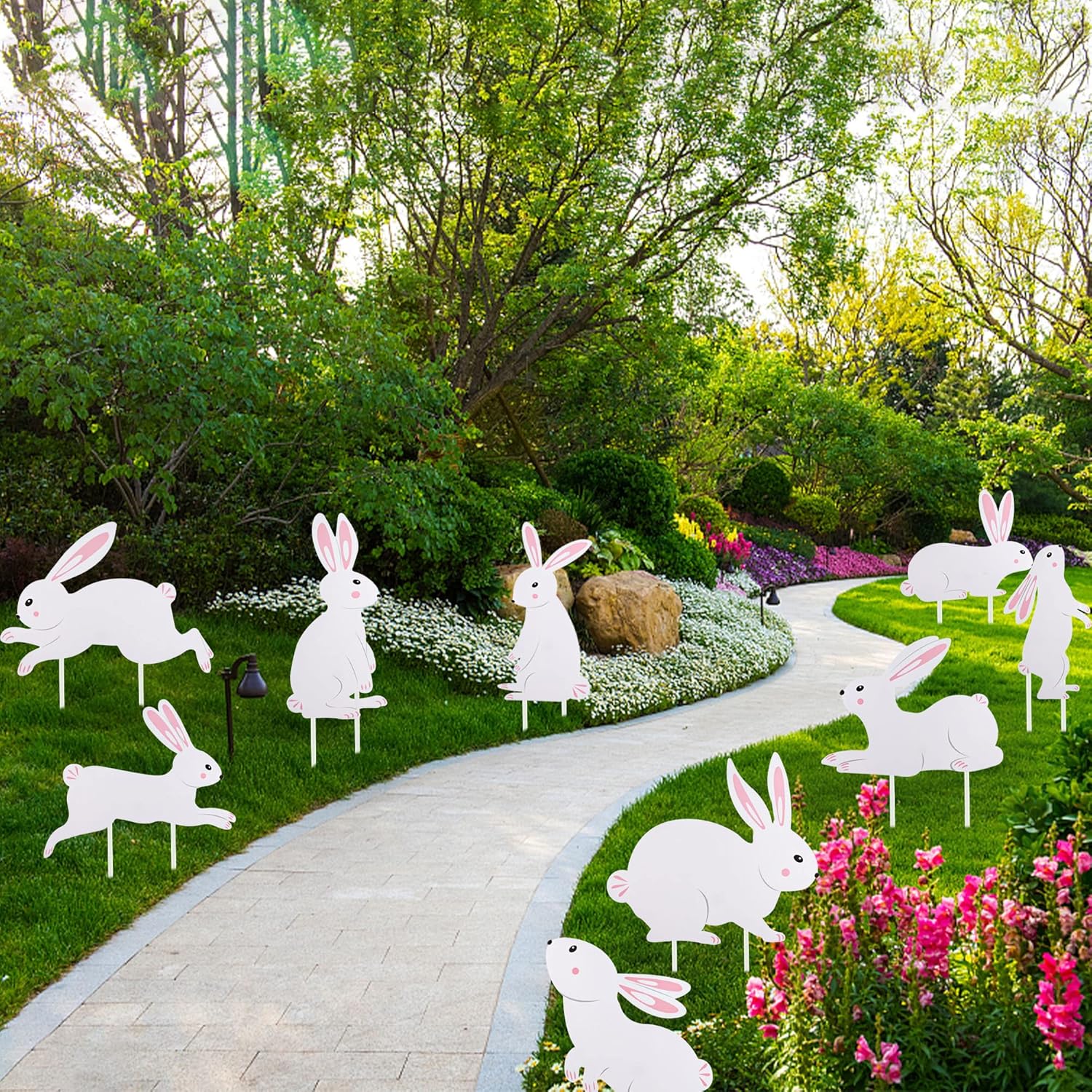 Set of 9 Easter Bunny Yard Signs Bunny Garden Lawn Signs Plastic Outdoor Lawn Sign White Rabbits Yard Decoration with Stakes for Easter Party Supplies Photo Props Patio Walkway