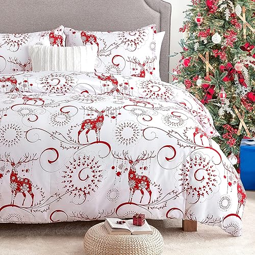Miniatura 5 de EHEYCIGA Juego de funda de edredón navideña, tamaño queen, juego de funda de edredón decorativo, color blanco con reno rojo de Navidad y ramas de