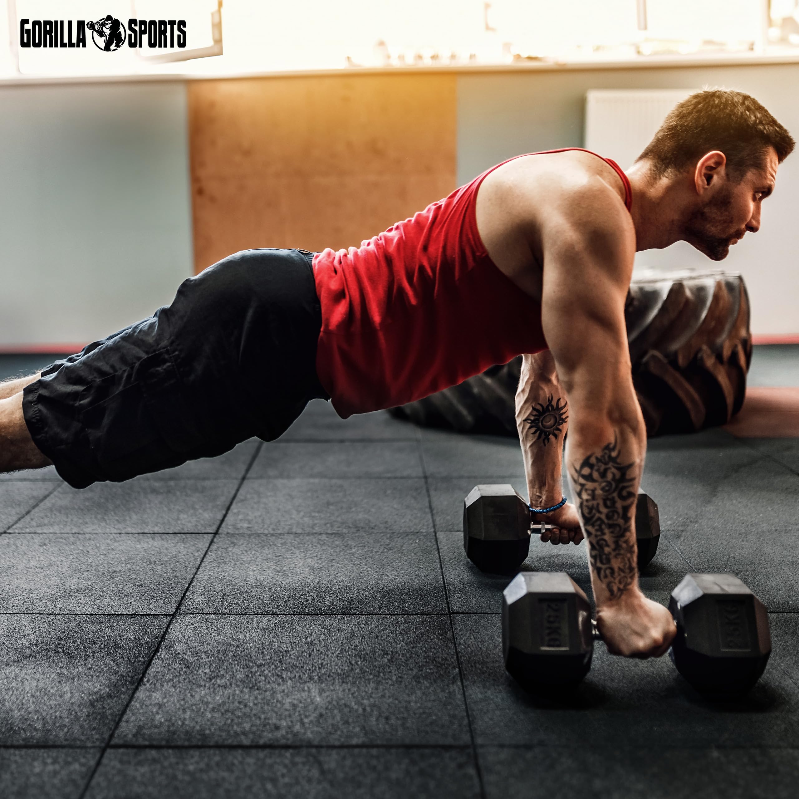 Gorilla Sports® Tappetino Palestra - 100x100cm, Singolo o Set di 4x50x50cm, Spesso 2cm, Antiscivolo, Gomma - Tappetini Fitness, Materassino, Tappeto Esercizi, Protezione per Pavimento