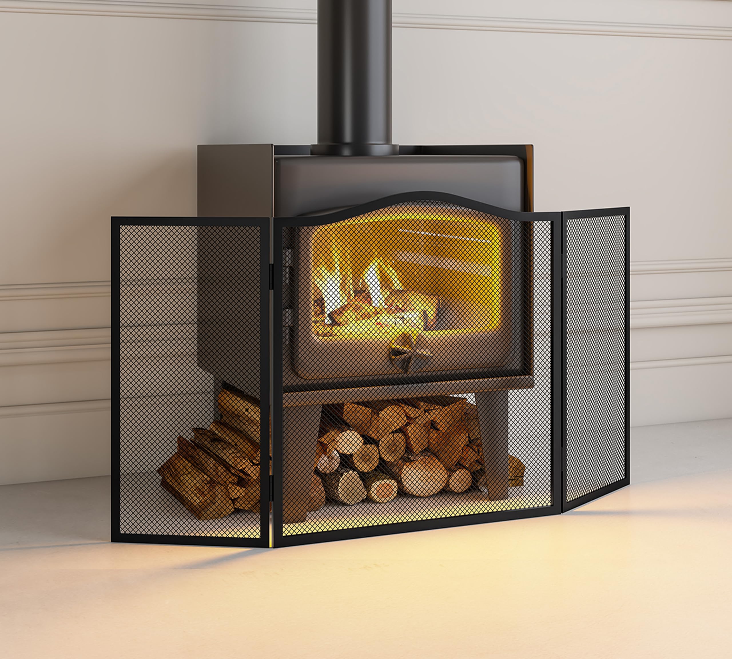 Pare-étincelles à 3 panneaux pour cheminée - Écran plat en fer - 102 cm de long x 54 cm de haut - Panneau en maille robuste pour cheminée ouverte, revêtement en poudre noire