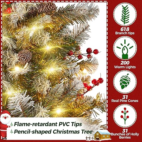 Miniatura 3 de Yaheetech Árbol de Navidad esmerilado preiluminado de 6 pies, árbol de vacaciones esmerilado delgado con 618 puntas, 200 luces, conos de pino,