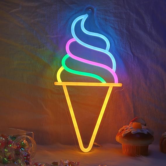 CoolGift Mart Ice Cream Neon Sign - Dimmable LED Light for Ice Cream Shop Wall Decor, USB Powered with 5 Color Lights, Ideal for Business Dessert Store, Bar, Party, Bedroom Decoration [Energy Class G]