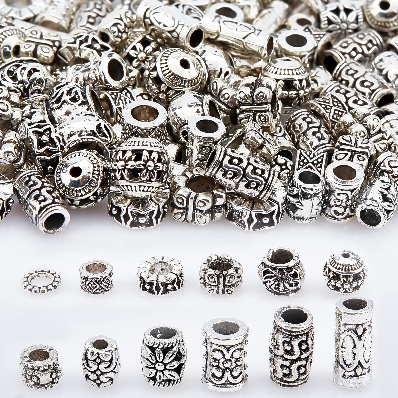 NBEADS Lot de 100 perles en alliage de style tibétain de 6 mm, perles d'espacement en métal argenté antique, perles de jonction en vrac pour fabrication de bracelets, colliers, bijoux