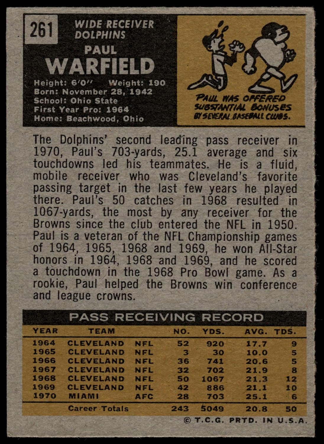 1971 Topps #261 Paul Warfield Miami Dolphins (Football Card) VG/EX Dolphins Ohio St