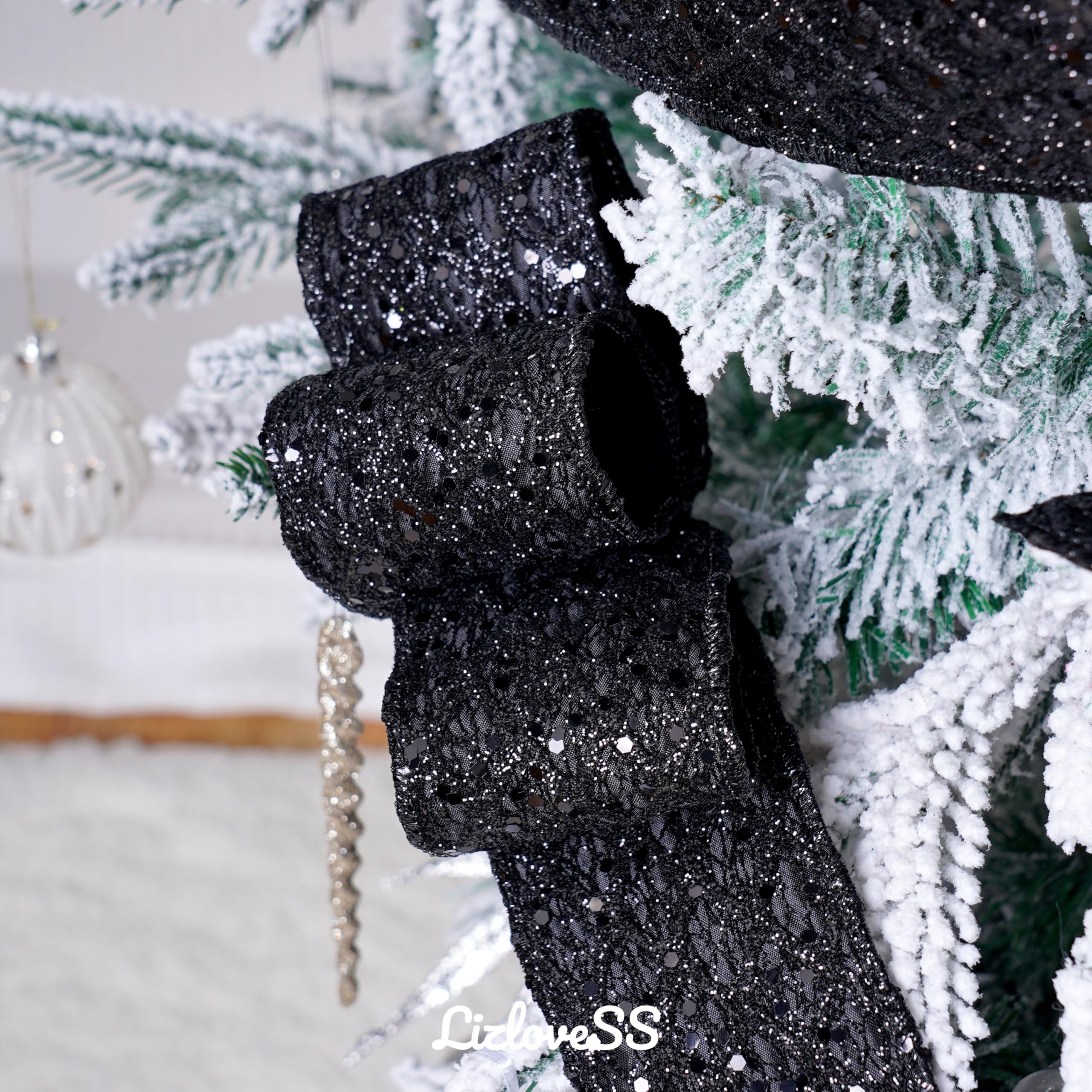 LIZLOVESS Black Glitter Mesh Christmas Ribbon - 2.5" Wide, 10 Yards, Diamond Pattern For Trees, Wreaths & Gifts