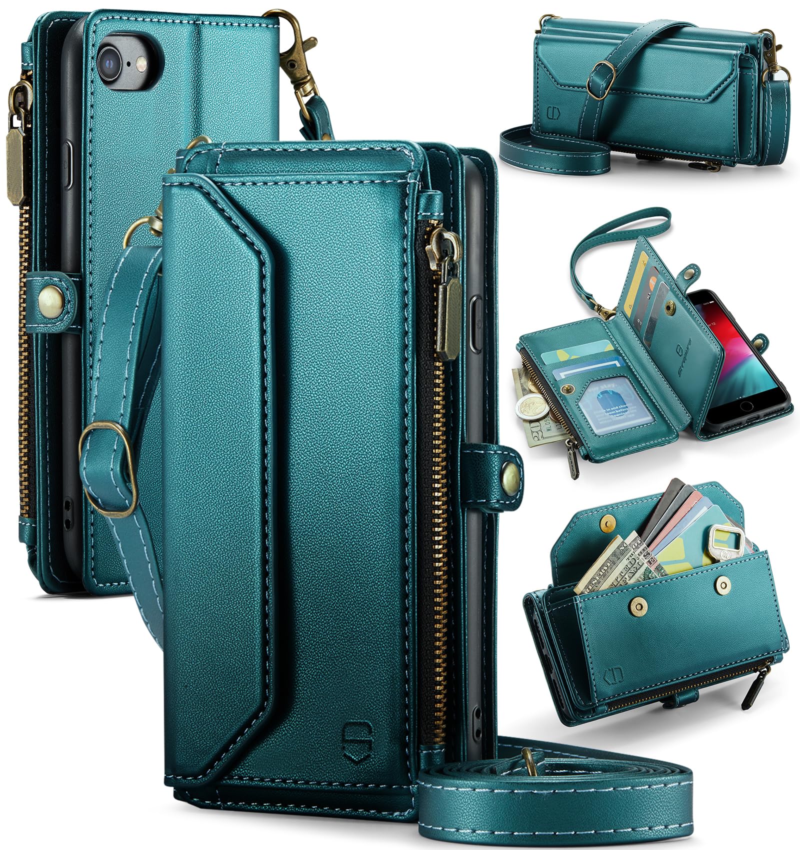 Strapurs Crossbody Wallet Case Compatible with iPhone SE/7/8 RFID Blocking 7-Card Holder Soft PU Leather Magnetic Snap Shoulder Strap Zipper Pocket