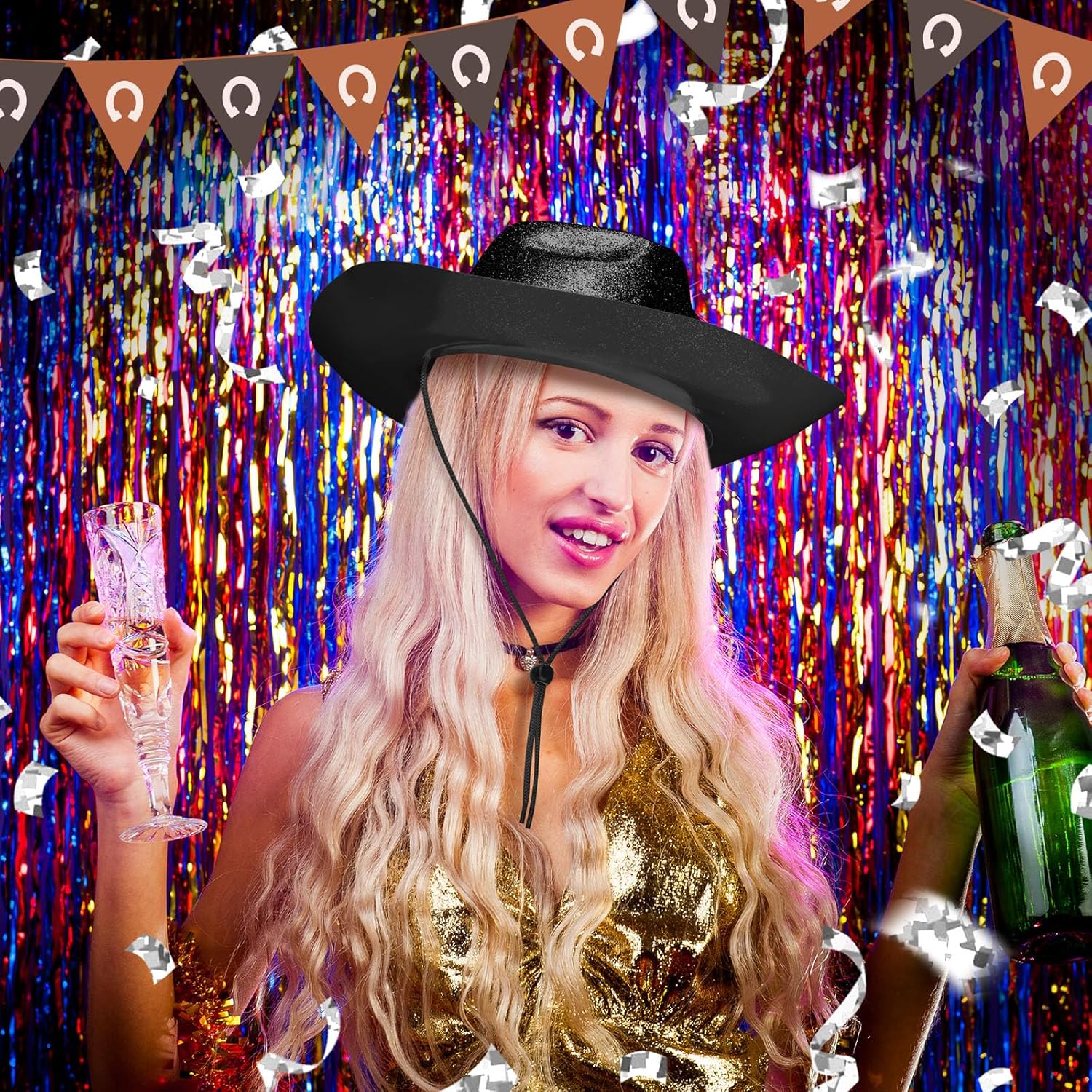 Shyyween 12Pcs Western Cowgirl Hats Bulk 2026 Sparkly Cowboy Hats Plastic Neon Glitter Cowboy Party Hat for Adults Men Women