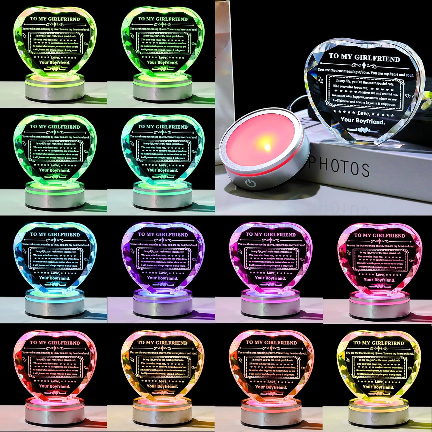 Enjinkail Gifts for Girlfriend Crystal Heart with LED Base Gifts to My Girlfriend from Boyfriend Romantic Anniversary Birthday I Love You Gifts for Her - Image 3