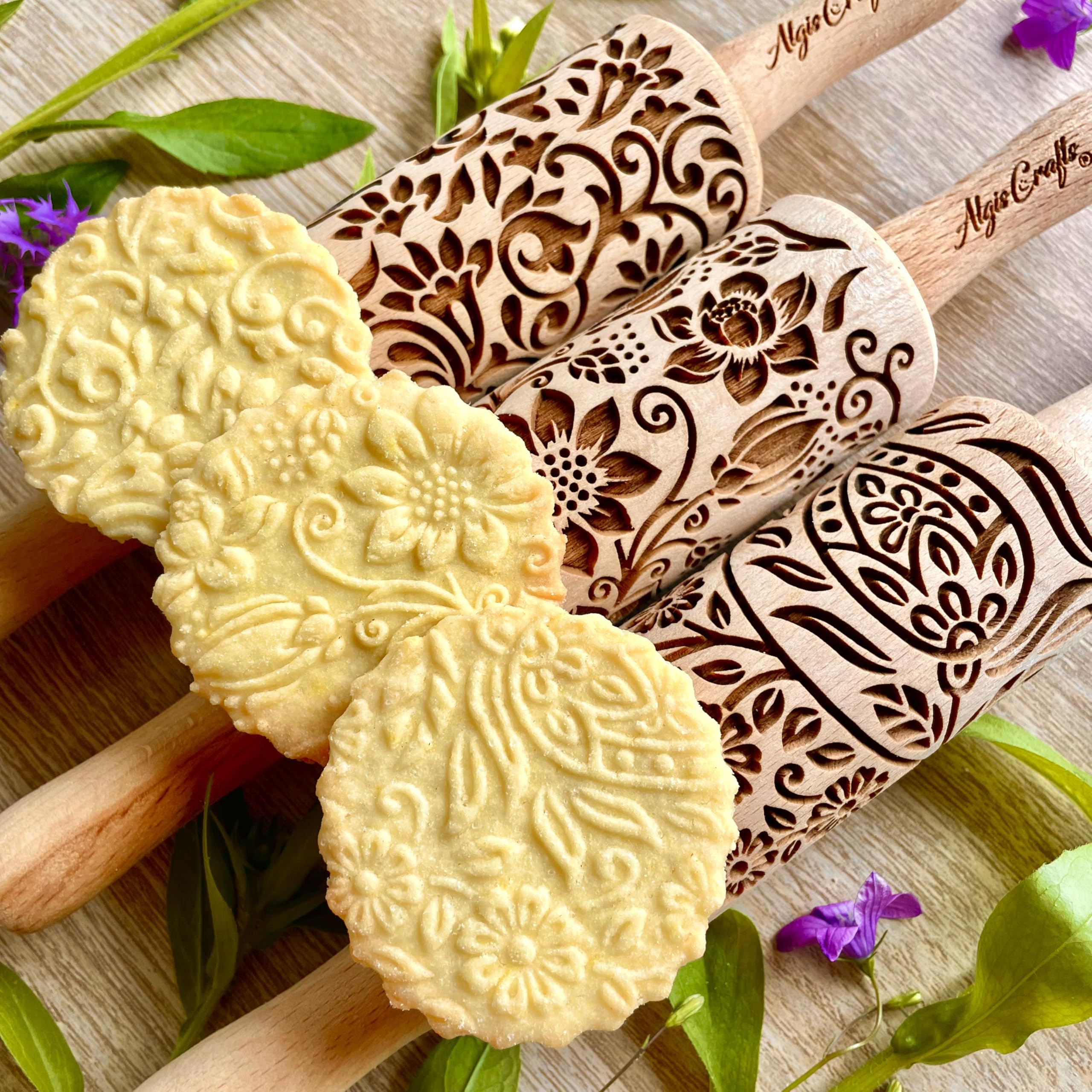 Mattarello Decorativo per Biscotti FIORE - Set di 3 Mattarelli Piccoli | Mattarello Inciso | Rullo per Biscotti e per Modellare per fai da te | Mattarello Legno Goffrato di Algis Crafts