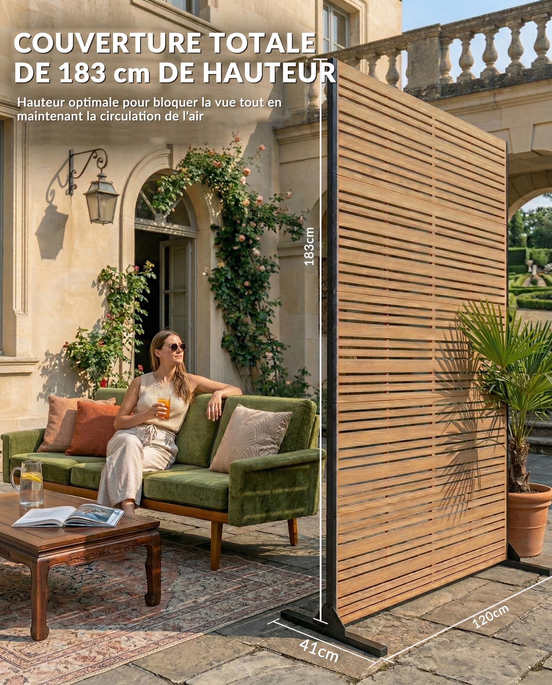 Brise-Vue pour Jardin, Balcon, terrasse et fenêtre, Paravent extérieur en métal 183 cm, résistant aux intempéries et autoportant avec ancrages au Sol, thermolaqué et antirouille