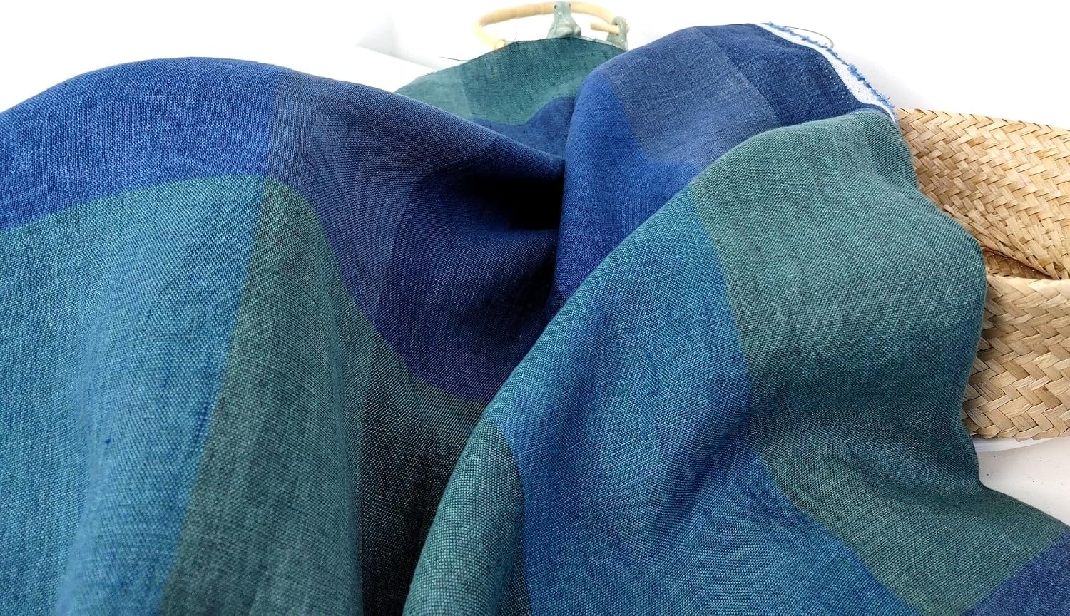100% Linen Blue and Green Big Plaid Fabric Light Weight 6921 Blue
