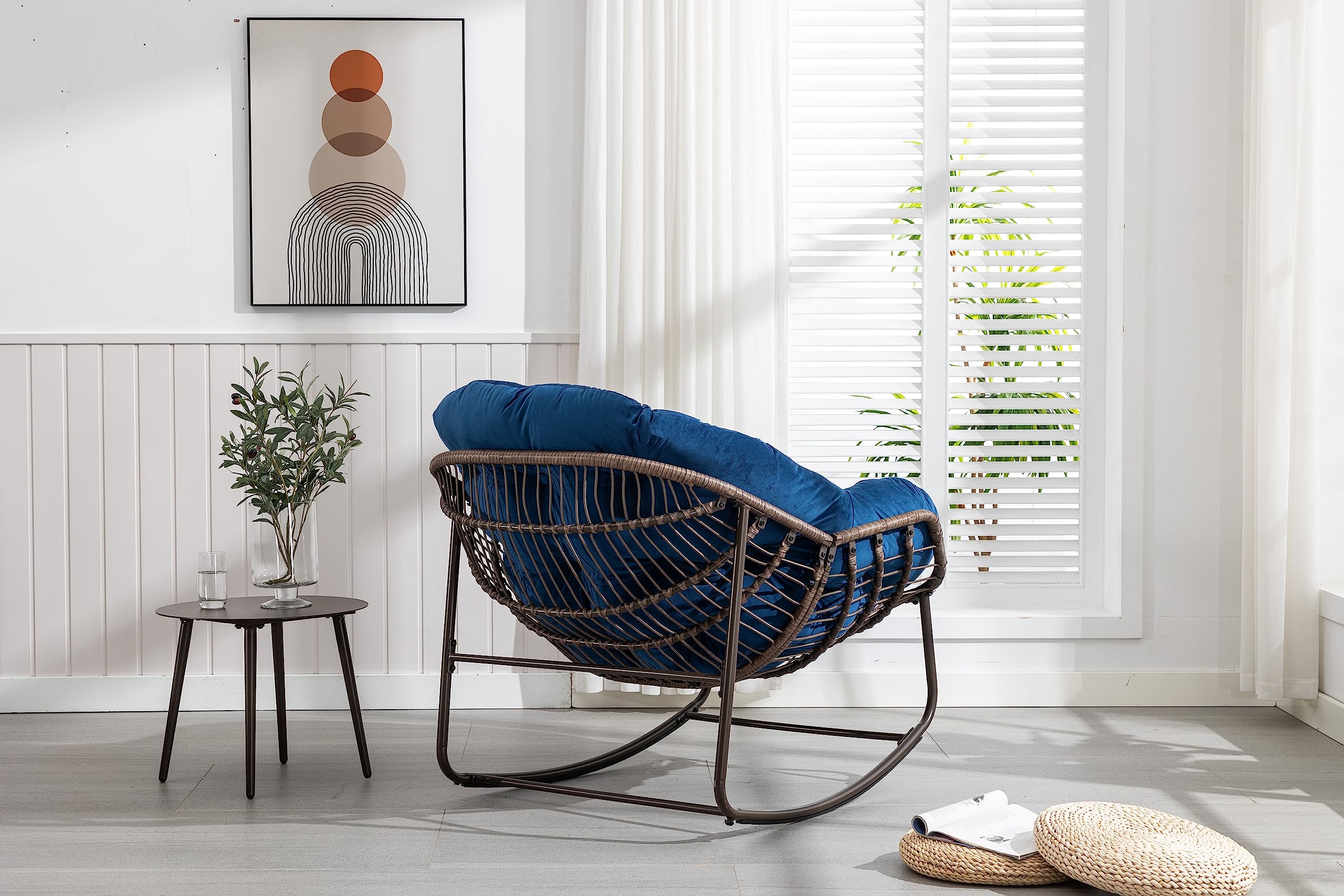 Silla mecedora de ratán para exteriores, acolchada, para terraza, jardín, porche, salón en azul marino