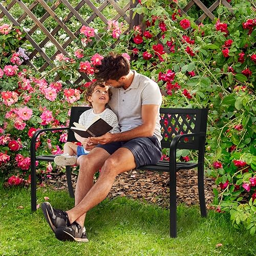 Miniatura 2 de Outvita Banco al aire libre banco de jardín de metal de 47 pulgadas muebles de patio con respaldo de plástico silla con recubrimiento en polvo patio