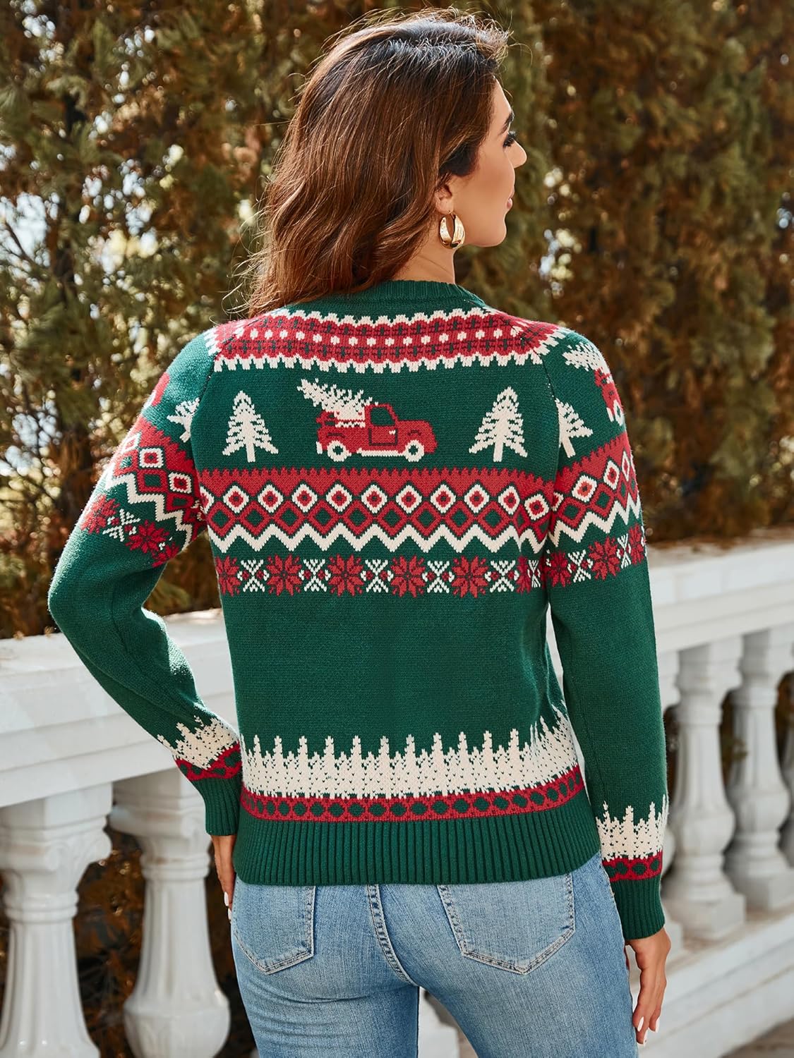 ZAFUL Women's Christmas Cedar Snowflake Trucks Patterns Knitted Sweater Long Sleeve Floral Printed Pullover Tops - Image 3